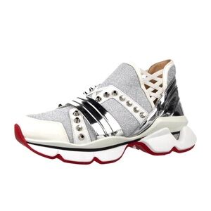 Christian Louboutin 1 2 3 Run Flat glitter silver cloth and white Patent Leather